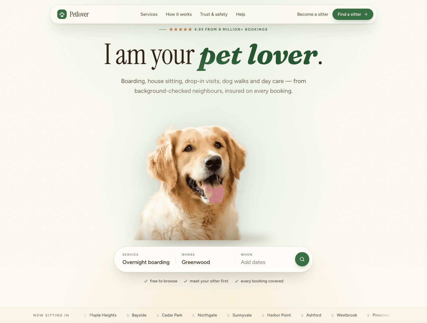 Petlover redesigned hero: a serif headline and a real dog