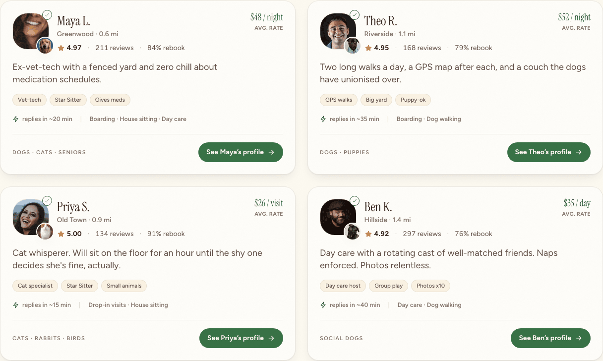 The redesigned sitter listings: real photography, serif display, warm palette